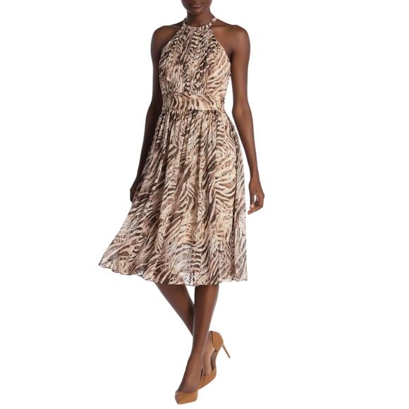 ELIE TAHARI | 'Dominican' Crew Neck Halter Silk Dress | Tan | 0 - Picture 1 of 14